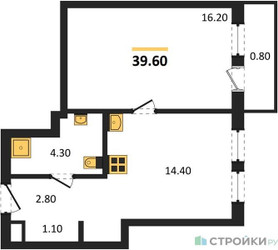 Планировка однокомнатной(квартира) площадью 39.6 квадратных метров в ЖК “Акценты”