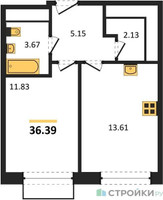 Планировка однокомнатной(квартира) площадью 36.39 квадратных метров в “ЖК Новоград Павлино”