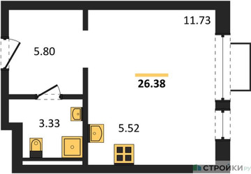 Планировка студии(квартира) площадью 26.38 квадратных метров в ЖК “ЖК Новое Видное”