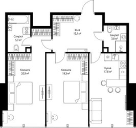 Планировка двухкомнатной(квартира) площадью 79.2 квадратных метров в ЖК “ЖК ОНЕ”