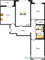 Планировка трехкомнатной(квартира) площадью 83 квадратных метров в “ЖК ЮЖНАЯ БИТЦА”