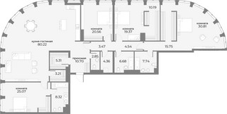 Планировка 4+ комнатной(апартаменты) площадью 265.7 квадратных метров в “ЖК Sky View (Скай Вью)”