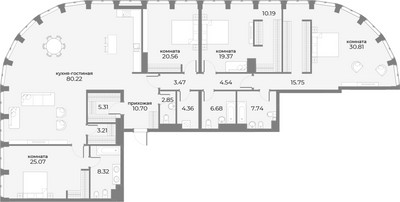 Планировка 4+ комнатной(апартаменты) площадью 265.7 квадратных метров в ЖК “ЖК Sky View (Скай Вью)”