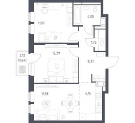 Планировка двухкомнатной(квартира) площадью 57 квадратных метров в ЖК “ЖК Большое Путилково”