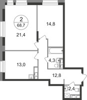 Планировка двухкомнатной(квартира) площадью 68.7 квадратных метров в “ЖК Первый Московский”