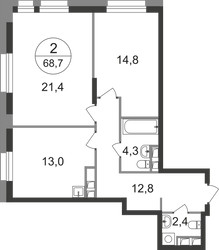 Планировка двухкомнатной(квартира) площадью 68.7 квадратных метров в ЖК “ЖК Первый Московский”