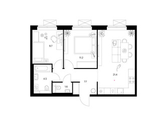 Планировка двухкомнатной(квартира) площадью 56.1 квадратных метров в ЖК “ЖК Люблинский парк”