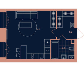 Планировка однокомнатной(квартира) площадью 33.6 квадратных метров в ЖК “Квартал Эра”