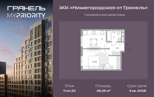 Планировка однокомнатной(квартира) площадью 36.25 квадратных метров в “ЖК Нижегородская от Гранель”