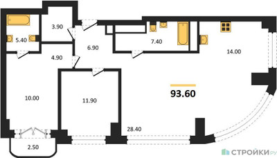 Планировка двухкомнатной(квартира) площадью 93.6 квадратных метров в ЖК “ЖК Родина Парк”