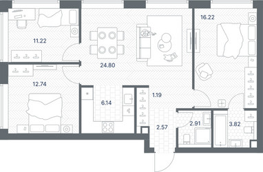 Планировка трехкомнатной(квартира) площадью 81.61 квадратных метров в ЖК “ЖК TATE (Тэйт)”