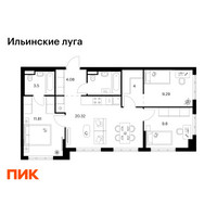 Планировка трехкомнатной(квартира) площадью 66.71 квадратных метров в “ЖК Ильинские луга”