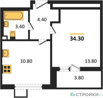 Планировка однокомнатной(квартира) площадью 34.3 квадратных метров в “ЖК 1-й Ленинградский (Первый Ленинградский)”