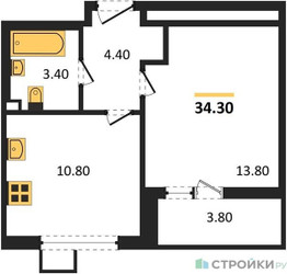 Планировка однокомнатной(квартира) площадью 34.3 квадратных метров в “ЖК 1-й Ленинградский (Первый Ленинградский)”