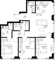 Планировка трехкомнатной(квартира) площадью 75.18 квадратных метров в “ЖК СЕТ”