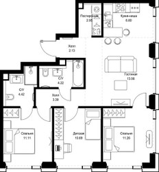 Планировка трехкомнатной(квартира) площадью 75.18 квадратных метров в ЖК “ЖК СЕТ”