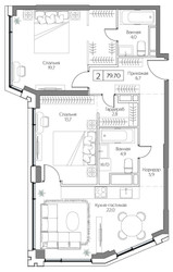 Планировка двухкомнатной(квартира) площадью 79 квадратных метров в ЖК “ЖК Дрим Рива”
