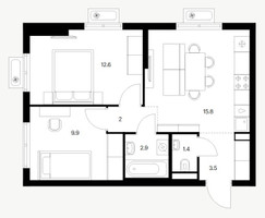 Планировка двухкомнатной(квартира) площадью 48 квадратных метров в “ЖК Восточное Бутово”