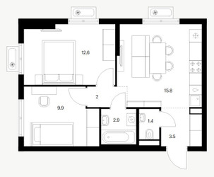 Планировка двухкомнатной(квартира) площадью 48 квадратных метров в ЖК “ЖК Восточное Бутово”