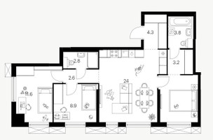 Планировка трехкомнатной(квартира) площадью 71 квадратных метров в “ЖК Плеханова 11”