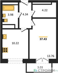 Планировка однокомнатной(квартира) площадью 37.43 квадратных метров в ЖК “ЖК Одинбург”