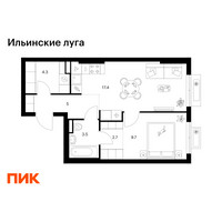 Планировка однокомнатной(квартира) площадью 42.6 квадратных метров в “ЖК Ильинские луга”