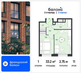 Планировка однокомнатной(квартира) площадью 33.2 квадратных метров в ЖК “ЖК Баланс”