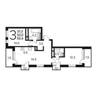 Планировка трехкомнатной(квартира) площадью 55.4 квадратных метров в “Новые Ватутинки. Заречный”