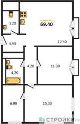 Планировка трехкомнатной(квартира) площадью 69.4 квадратных метров в ЖК “ЖК iLove (АйЛав)”