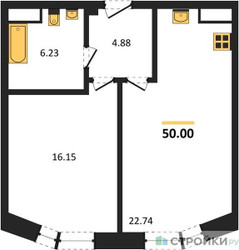 Планировка однокомнатной(квартира) площадью 50 квадратных метров в ЖК “ЖК Sezar City (Сезар Сити)”