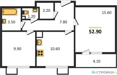 Планировка двухкомнатной(квартира) площадью 52.9 квадратных метров в ЖК “ЖК 1-й Ленинградский (Первый Ленинградский)”