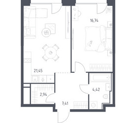 Планировка однокомнатной(квартира) площадью 52.96 квадратных метров в ЖК “ЖК Квартал на воде (Графика на воде)”
