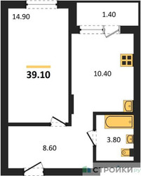Планировка однокомнатной(апартаменты) площадью 37.7 квадратных метров в ЖК “ЖК Равновесие”