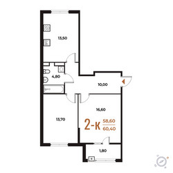 Планировка двухкомнатной(квартира) площадью 60.4 квадратных метров в ЖК “ЖК Новое Летово”