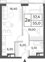 Планировка двухкомнатной(квартира) площадью 55 квадратных метров в “ЖК Will Towers (Вилл Тауэрс)”