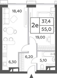 Планировка двухкомнатной(квартира) площадью 55 квадратных метров в ЖК “ЖК Will Towers (Вилл Тауэрс)”