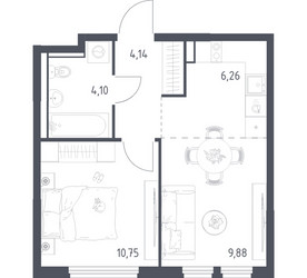 Планировка однокомнатной(квартира) площадью 35.13 квадратных метров в ЖК “ЖК Пригород Лесное”