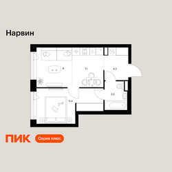 Планировка однокомнатной(квартира) площадью 34.3 квадратных метров в ЖК “Нарвин”