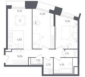 Планировка двухкомнатной(апартаменты) площадью 64.07 квадратных метров в ЖК “ЖК Скай Спутник”