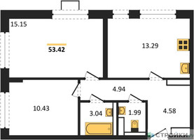 Планировка двухкомнатной(квартира) площадью 53.42 квадратных метров в “ЖК Прибрежный Парк”