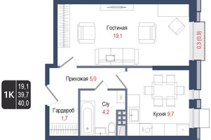 Планировка однокомнатной(квартира) площадью 39.7 квадратных метров в “ЖК КИНОКВАРТАЛ”