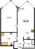 Планировка двухкомнатной(квартира) площадью 60.2 квадратных метров в “ЖК High Life (Хай Лайф)”