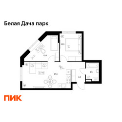 Планировка двухкомнатной(квартира) площадью 50.8 квадратных метров в ЖК “ЖК Белая Дача парк”