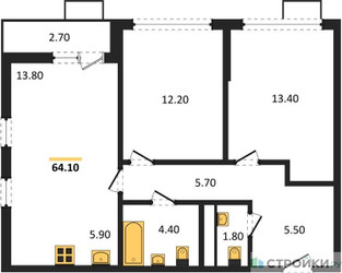 Планировка двухкомнатной(квартира) площадью 64.1 квадратных метров в ЖК “ЖК Скандинавия”