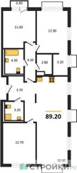 Планировка трехкомнатной(квартира) площадью 89.2 квадратных метров в ЖК “ЖК Равновесие”