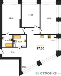 Планировка трехкомнатной(квартира) площадью 97.5 квадратных метров в ЖК “ЖК КОД Сокольники”