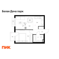 Планировка однокомнатной(квартира) площадью 38.5 квадратных метров в ЖК “ЖК Белая Дача парк”