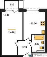 Планировка однокомнатной(квартира) площадью 35.4 квадратных метров в “ЖК Новое Внуково”