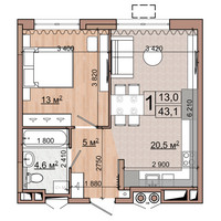 Планировка однокомнатной(квартира) площадью 43.1 квадратных метров в “ЖК Гранд Комфорт”