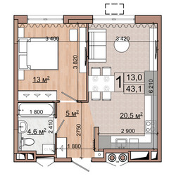 Планировка однокомнатной(квартира) площадью 43.1 квадратных метров в ЖК “ЖК Гранд Комфорт”